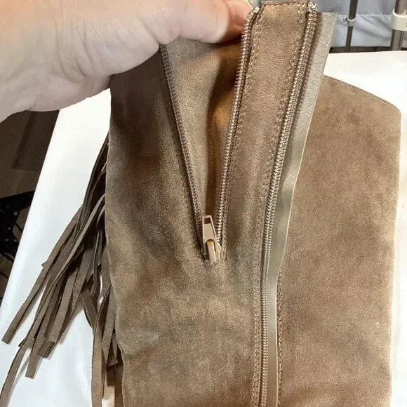 Pierre Dumas Light Brown Knee High Boots With Fringe Size 7 1/2 Medium Preowned - Picture 15 of 16